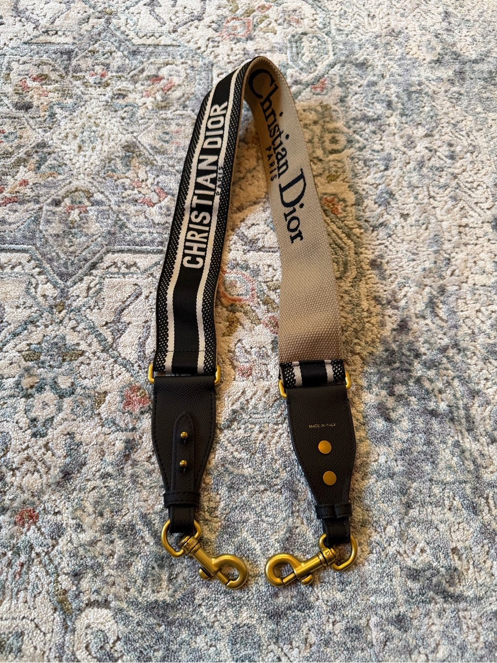 Christian Dior Embroidered Black Beige Logo Shoulder Strap with Gold Hardware